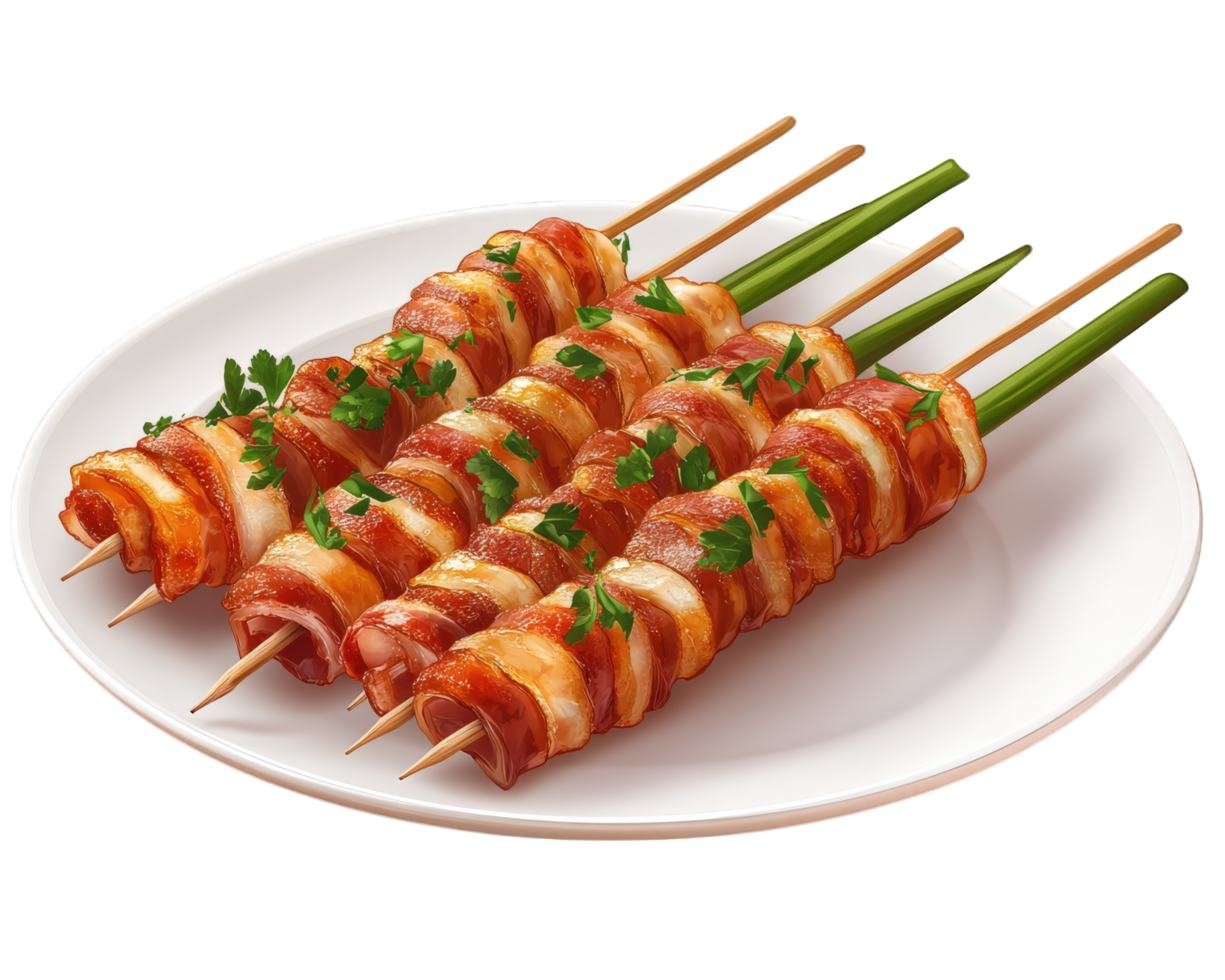 Bacon skewers on a white plate png