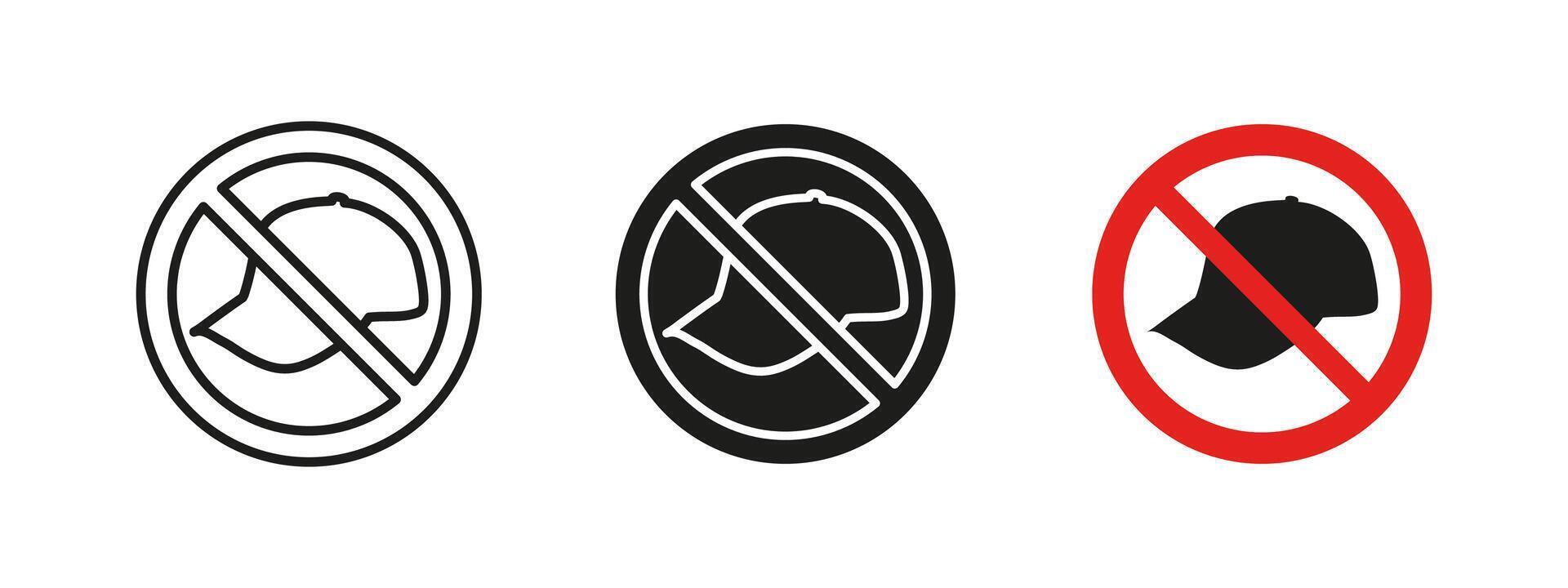 No cap icon. Headwear restriction illustration. Safety sign for areas prohibiting hats. Regulation and security pictogram for dress code enforcement and policy compliance. Headdress ban concept vector