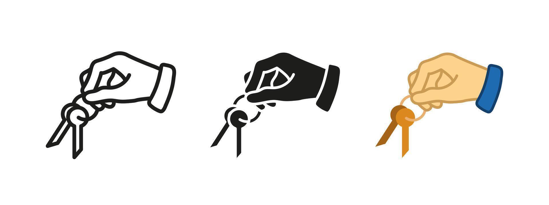 Real estate icon. Hand holding a key illustration. Property ownership and transaction symbol. Representation of renting, buying, or selling a home. Security and investment pictogram. vector