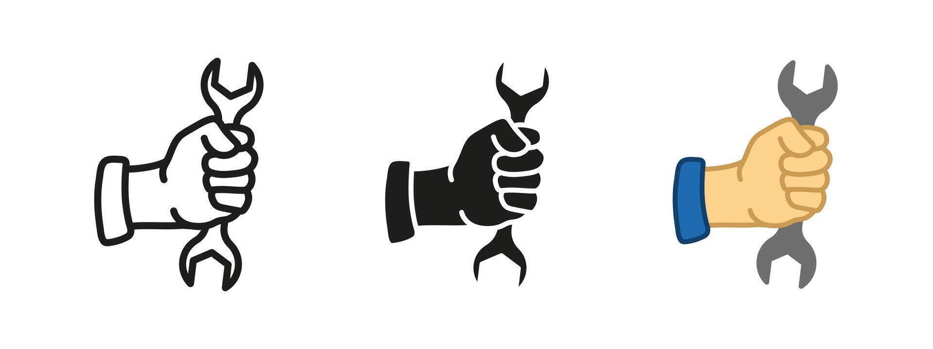 Mechanic icon. Industrial repair illustration. Wrench and hand symbol. Maintenance and engineering sign. Construction, fixing and service concept. Industry and craftsmanship pictogram. vector