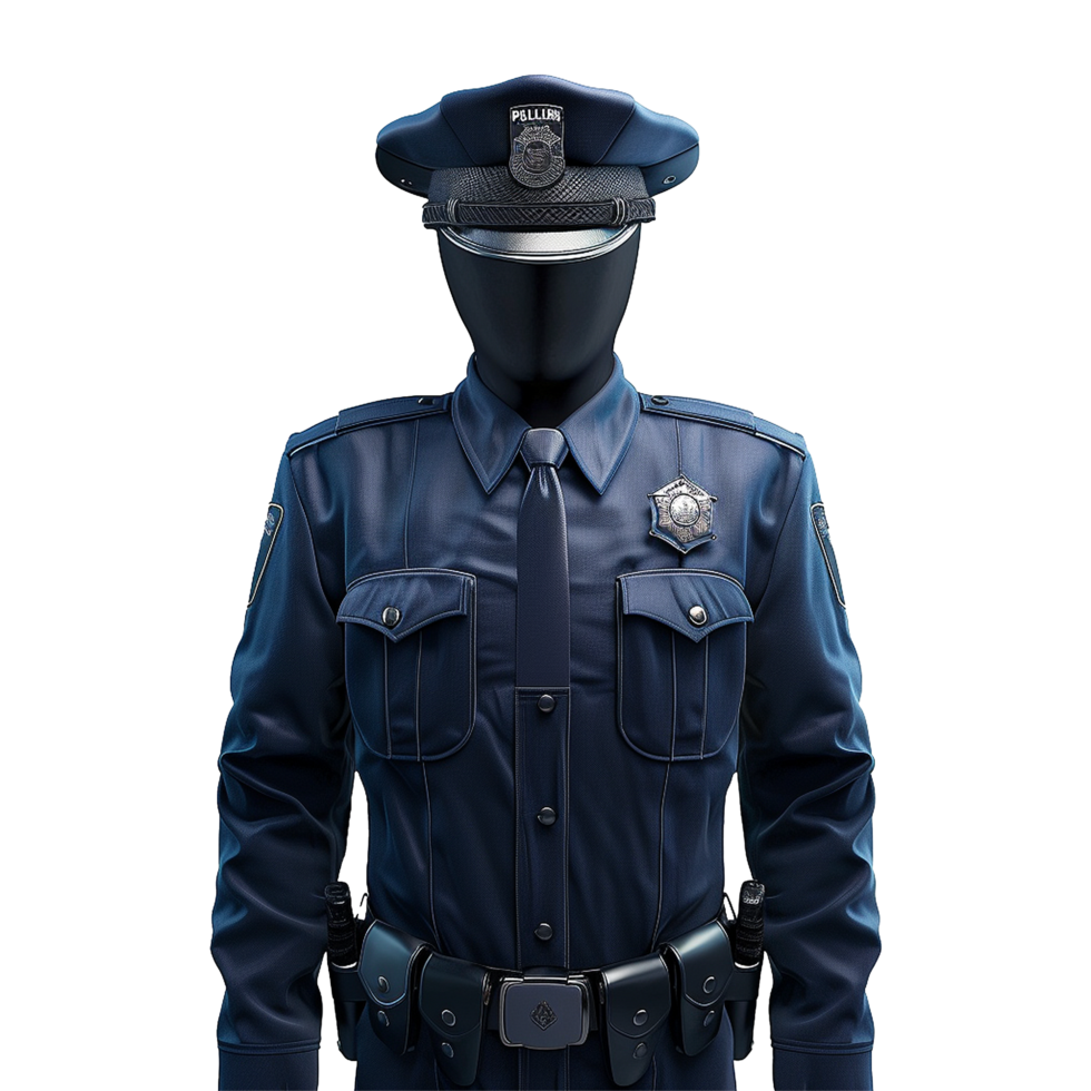 A Detailed 3D Render of a Police Officer Uniform with a BlackedOut Face and Striking Background png