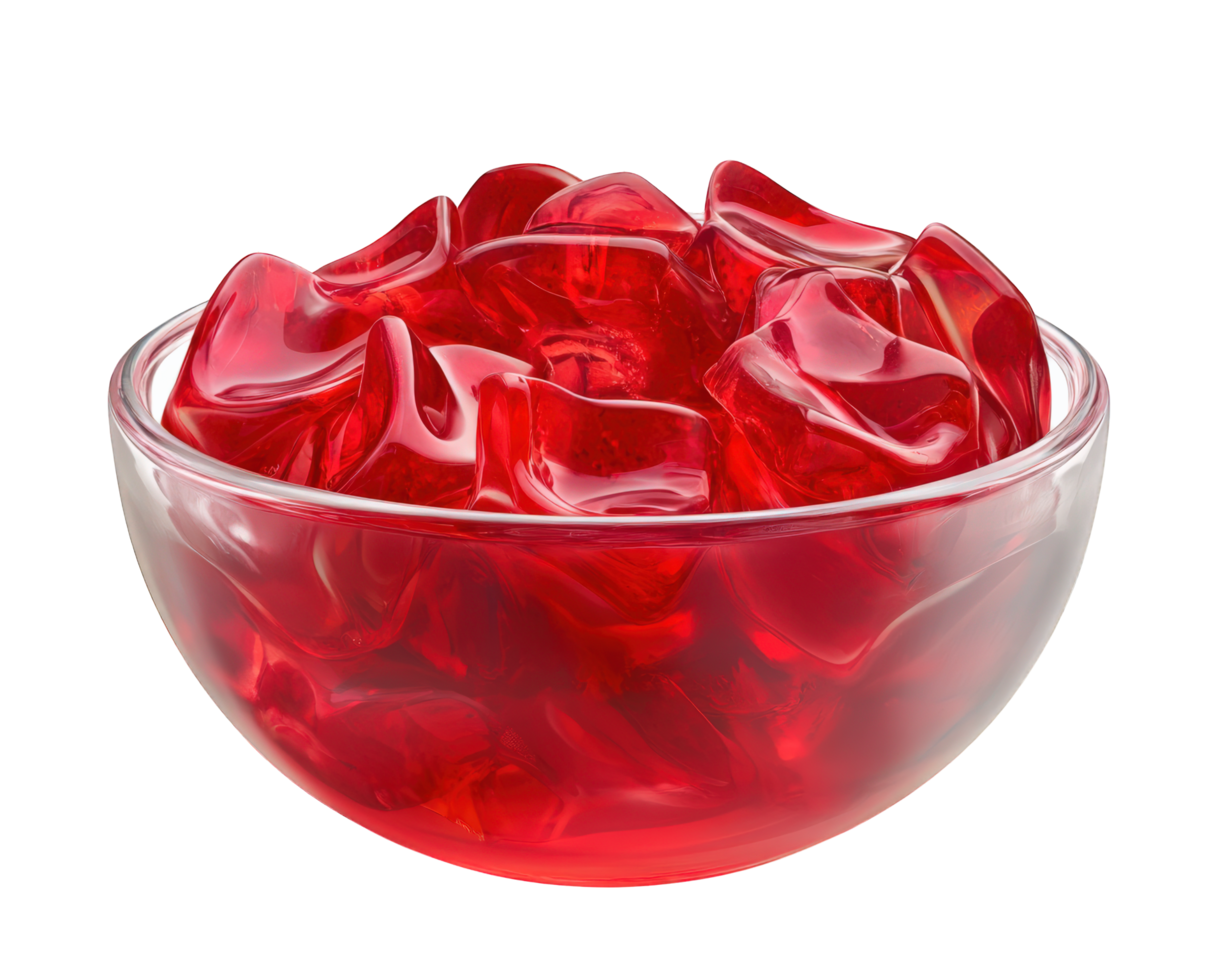 A bowl filled with red jellies on a black background png