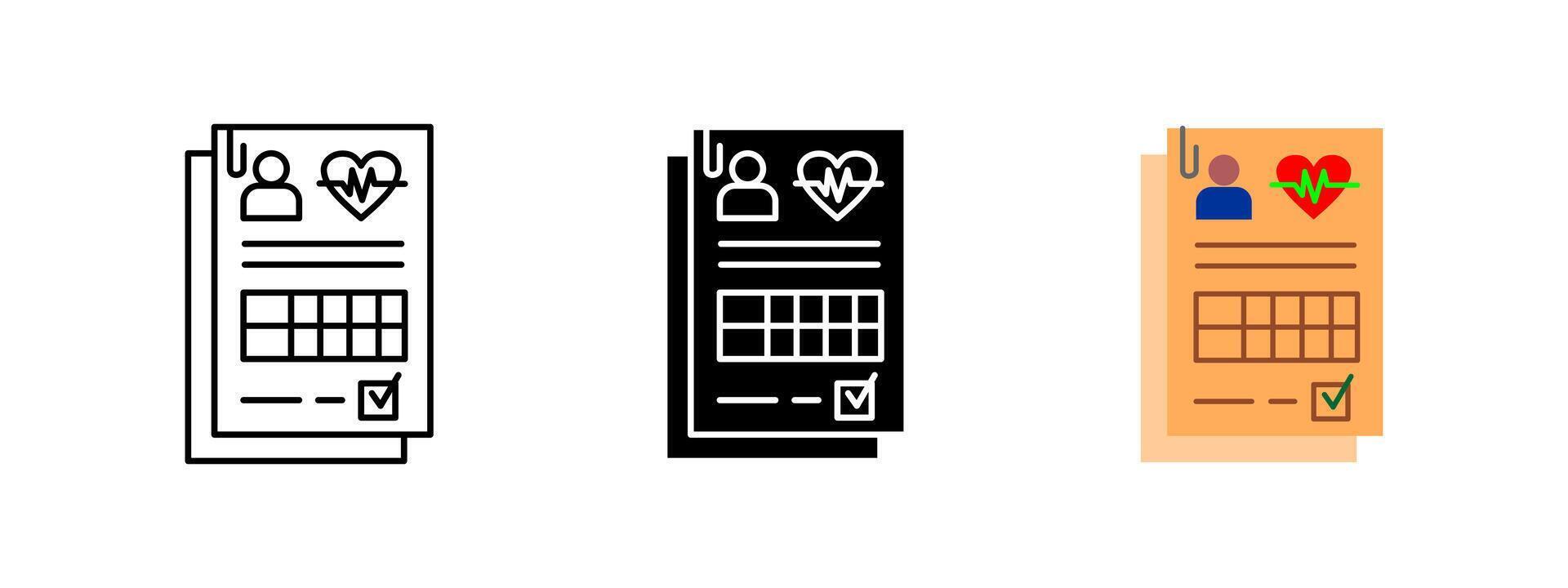 Medical record icon. Patient health report illustration. Hospital document and insurance file symbol for diagnosis and checkup history. Healthcare paperwork. Medical chart and form concept. vector