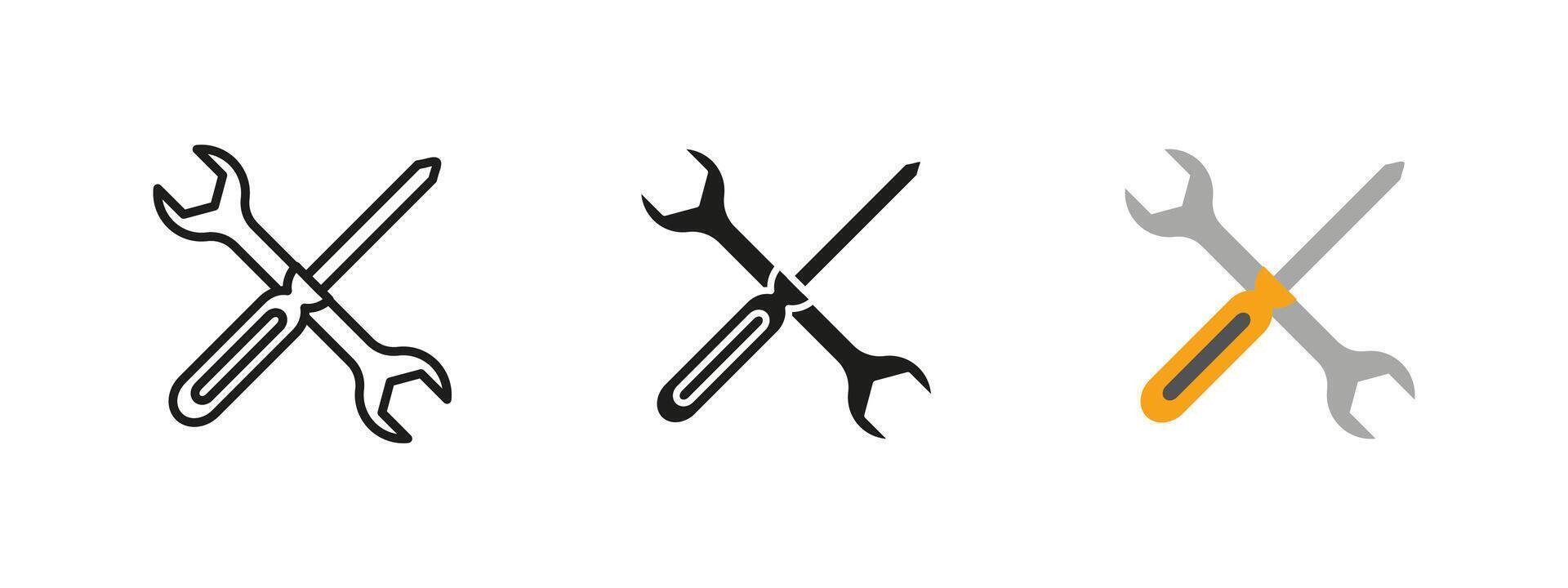 Tools icon. Crossed wrench and screwdriver illustration. Repair and maintenance symbol. Construction and mechanical work sign. DIY and engineering pictogram. vector
