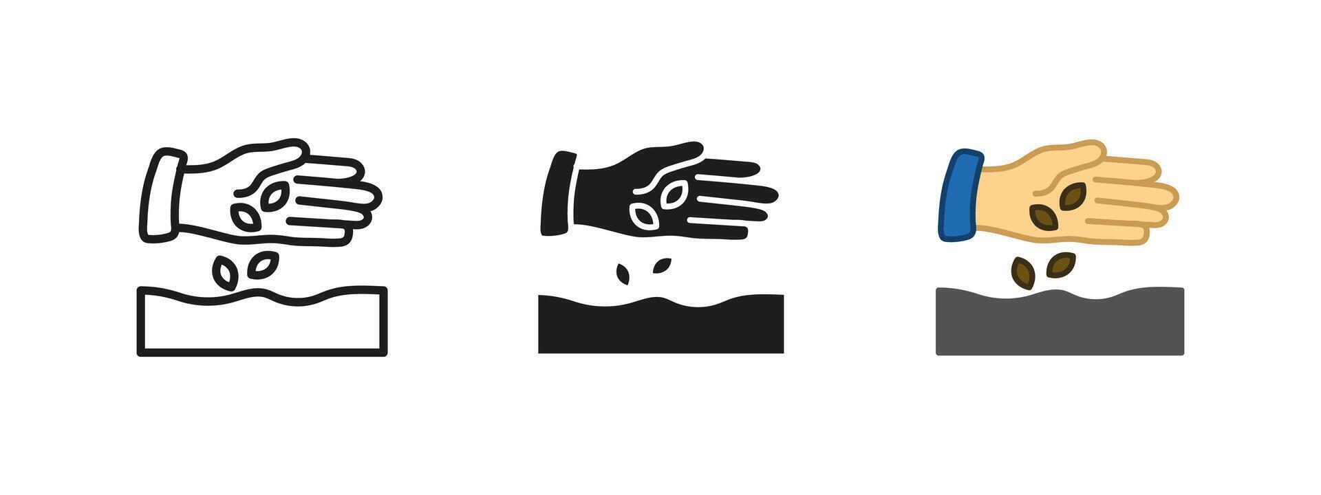 Seed planting icon. Hand dropping seeds into soil illustration. Symbol of agriculture, farming and organic cultivation. Gardening, nature growth and sustainable farming concept. vector