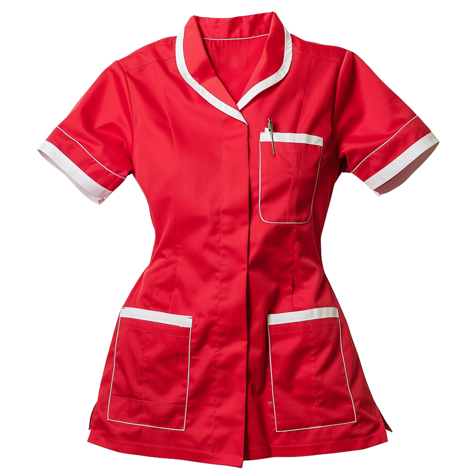 Red and White Womens Short Sleeve Workwear Uniform Top with Pockets png