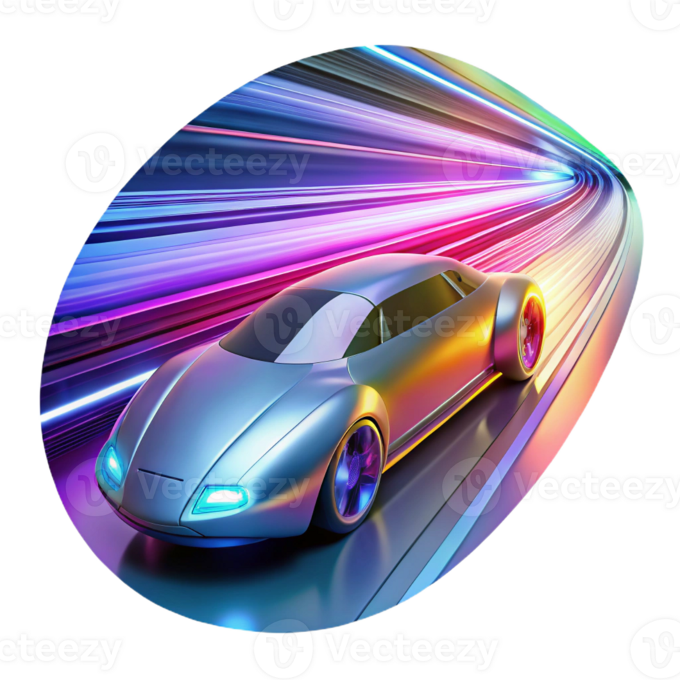 vibrant contemporary A futuristic vehicle speeding through a digital tunnel, light trails and motion blur, vibrant and dynamic colors, cyberpunk style high quality png
