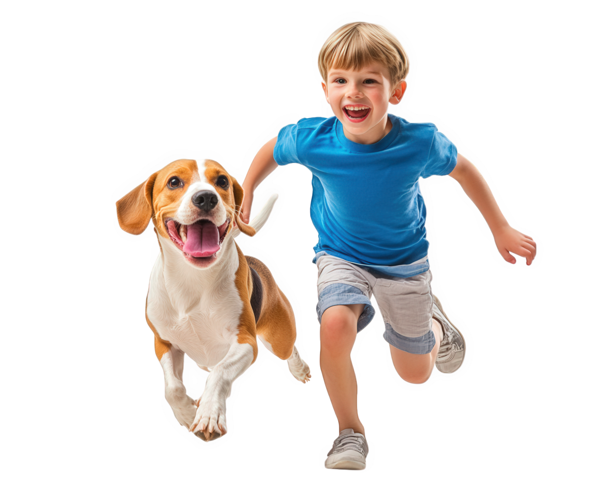 A boy running with a beagle dog png