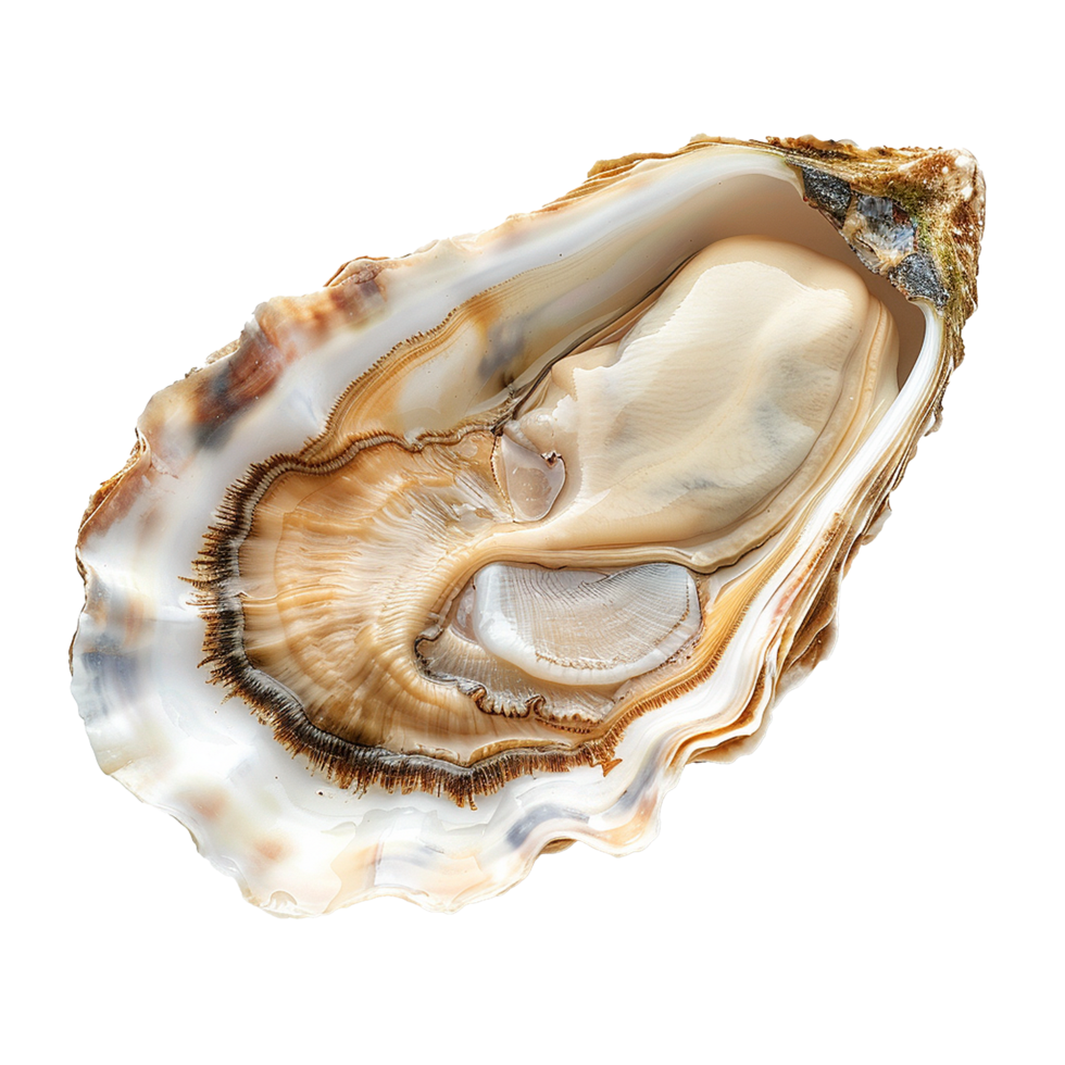 Closeup view of a raw oyster shell revealing intricate textures and patterns png