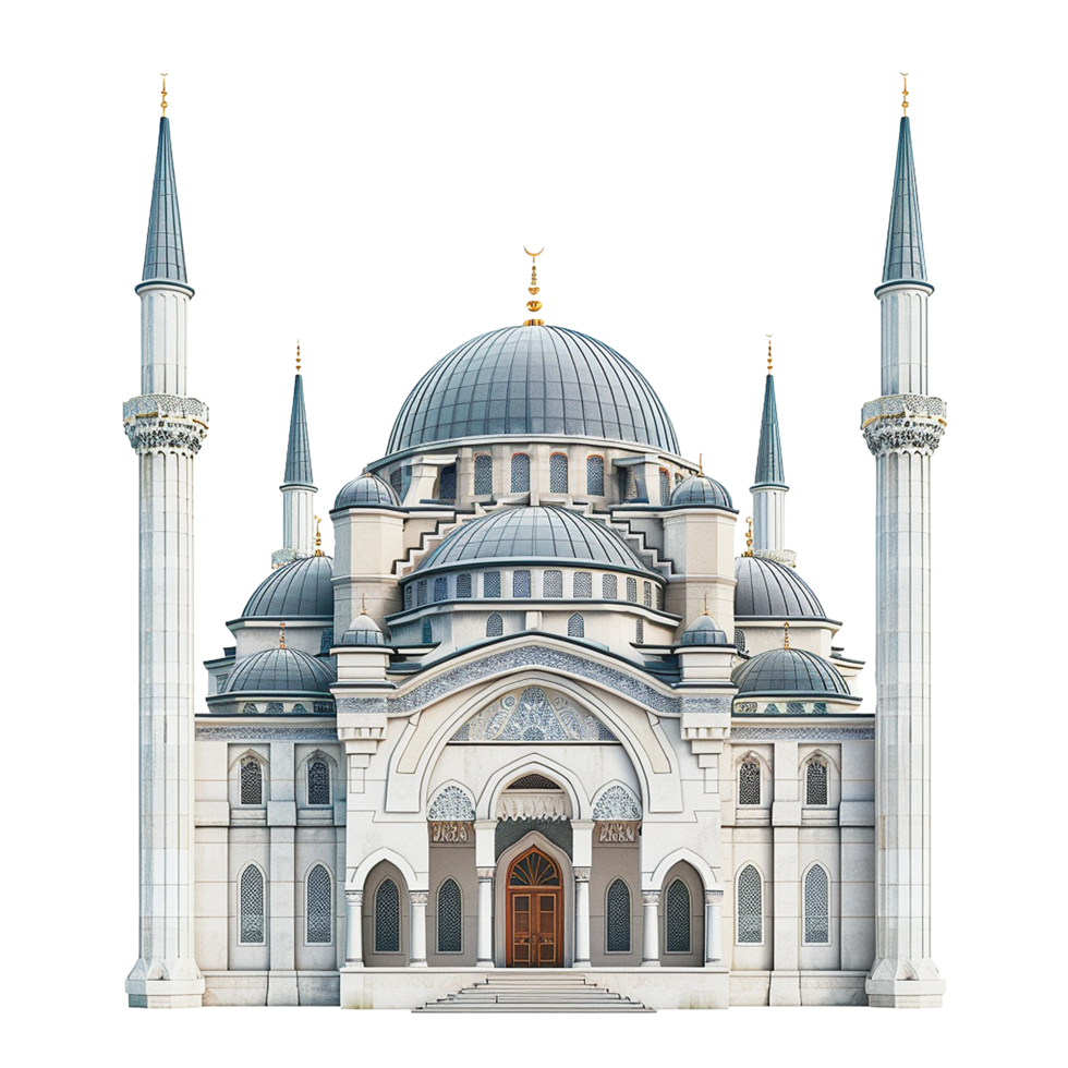 Magnificent Architecture of a Modern Mosque with Twin Minarets and Multiple Domes png