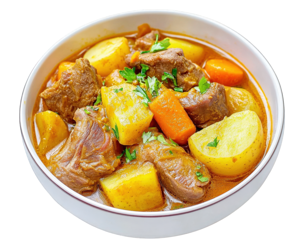 A bowl of stew with meat, potatoes and carrots png