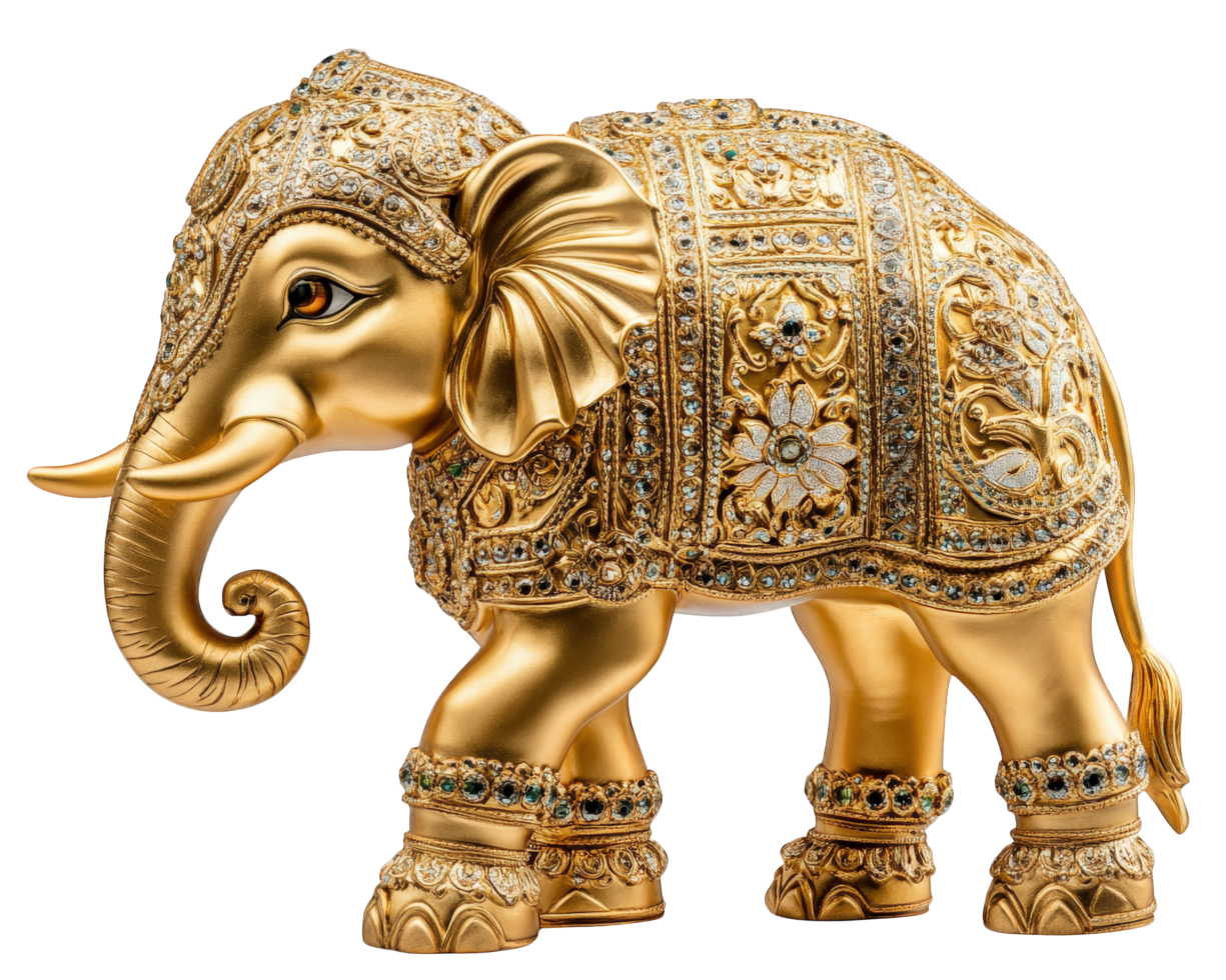 A gold elephant statue with diamonds and jewels png