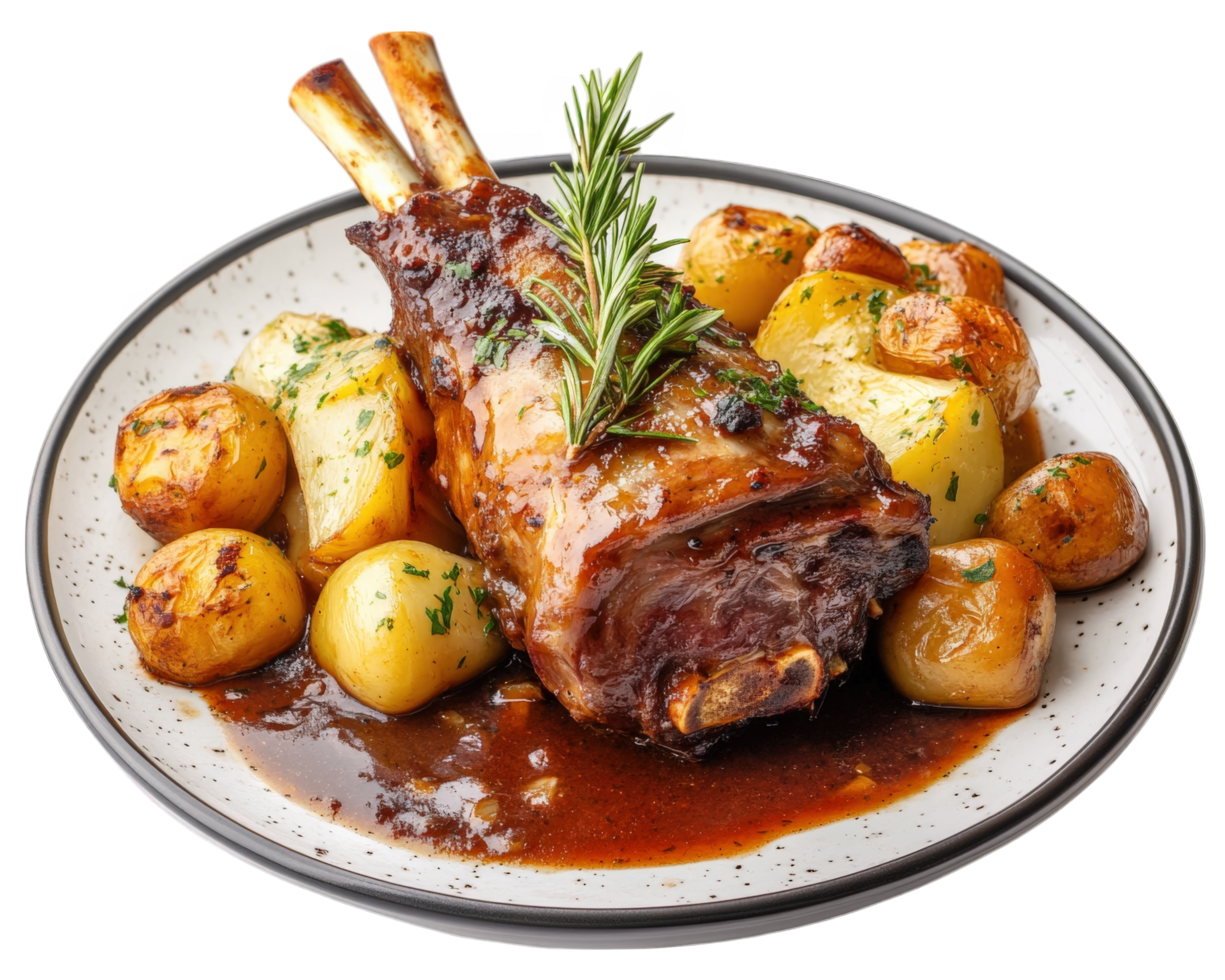 A plate of lamb with potatoes and rosemary png