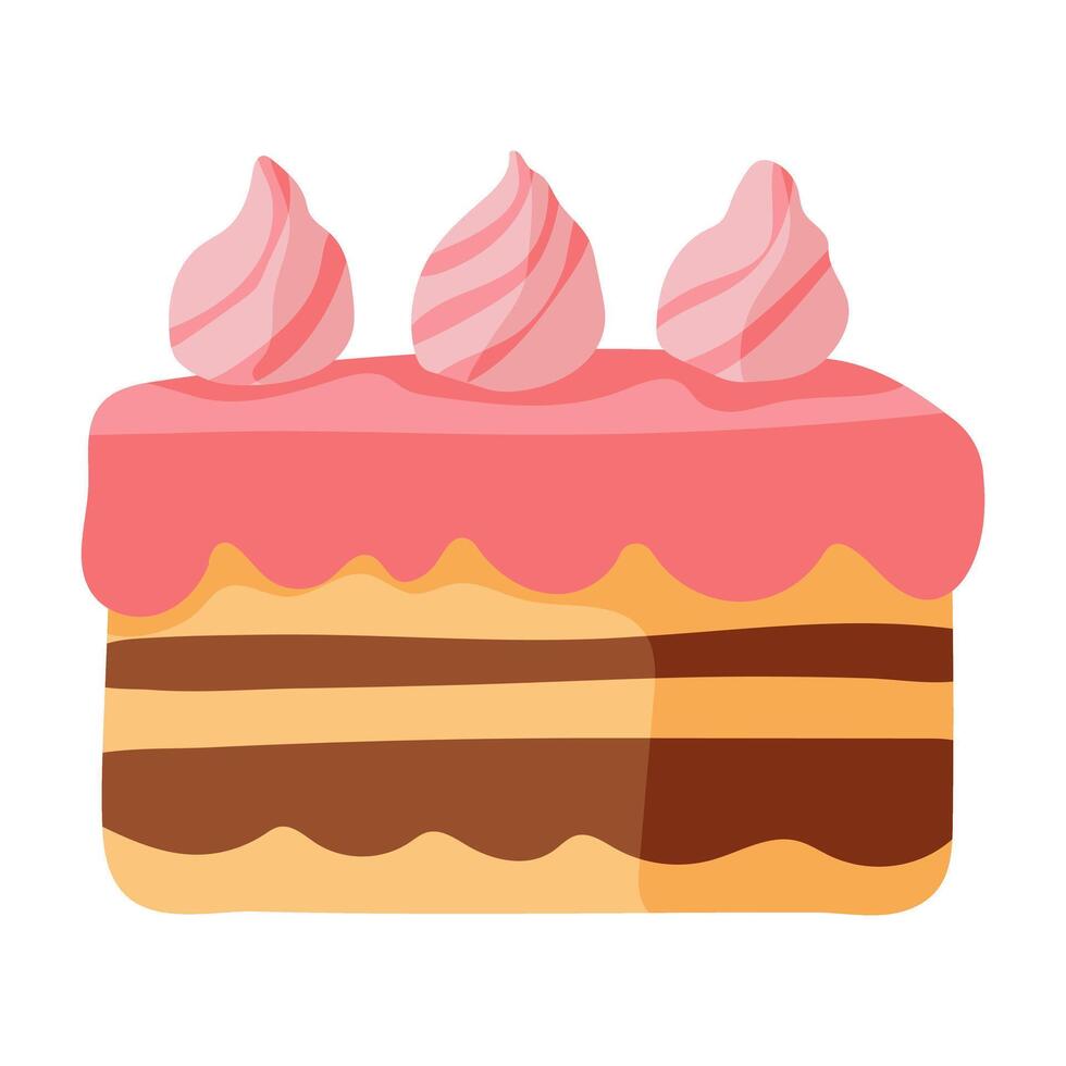 A pink cake with three white frosting swirls on top. The cake is decorated with pink frosting and has a pink and brown color scheme vector