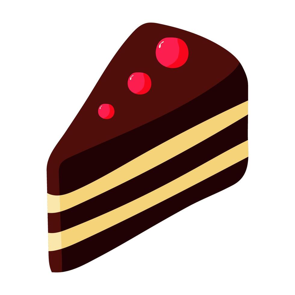 A slice of chocolate cake with red berries on top. The cake is cut into three pieces and is sitting on a white background vector