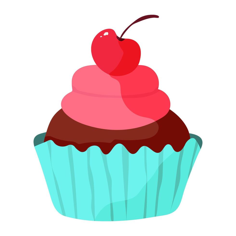 A cupcake with a cherry on top. The cherry is red and the cupcake is pink and brown vector