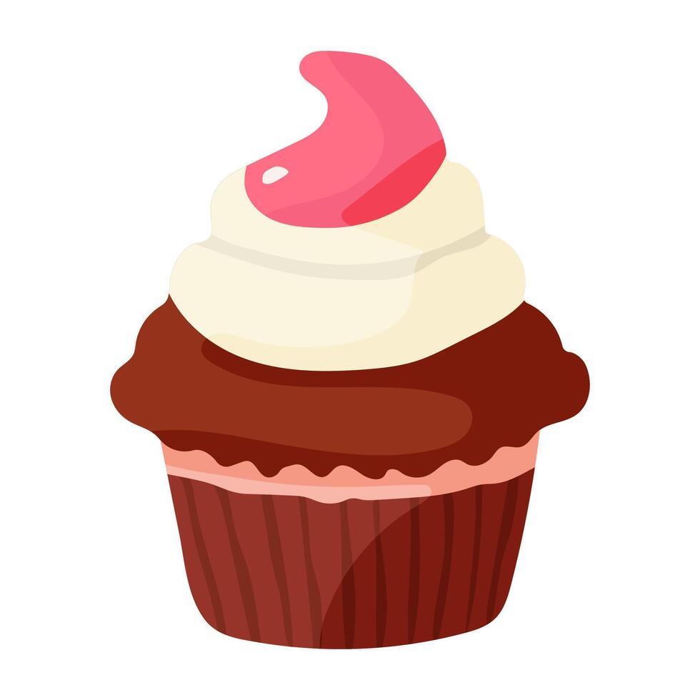 A cupcake with pink frosting on top. The cupcake is sitting on a white background vector