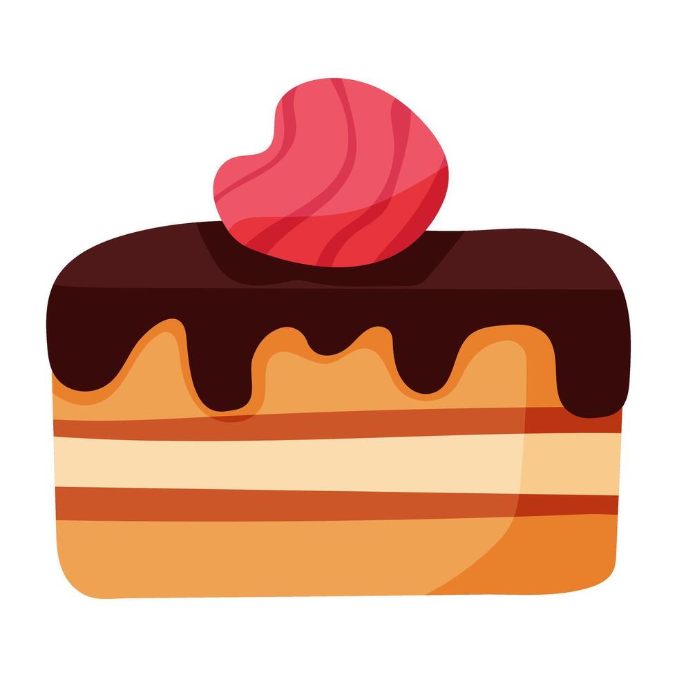 A chocolate cake with a heart shaped piece of strawberry on top. The cake is decorated with chocolate frosting and has a pink strawberry on top vector