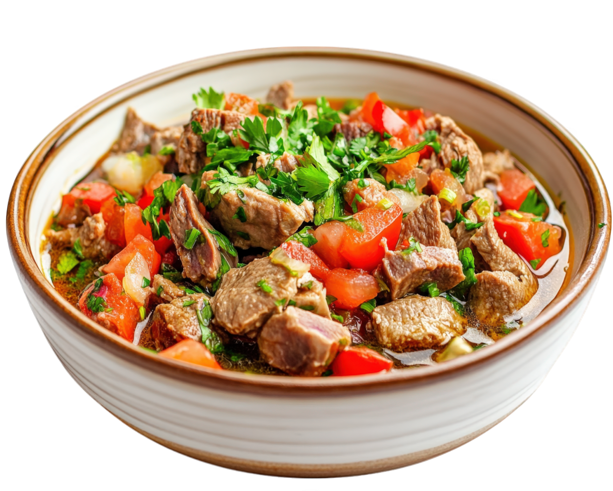 A bowl of meat and vegetables with a spoon png