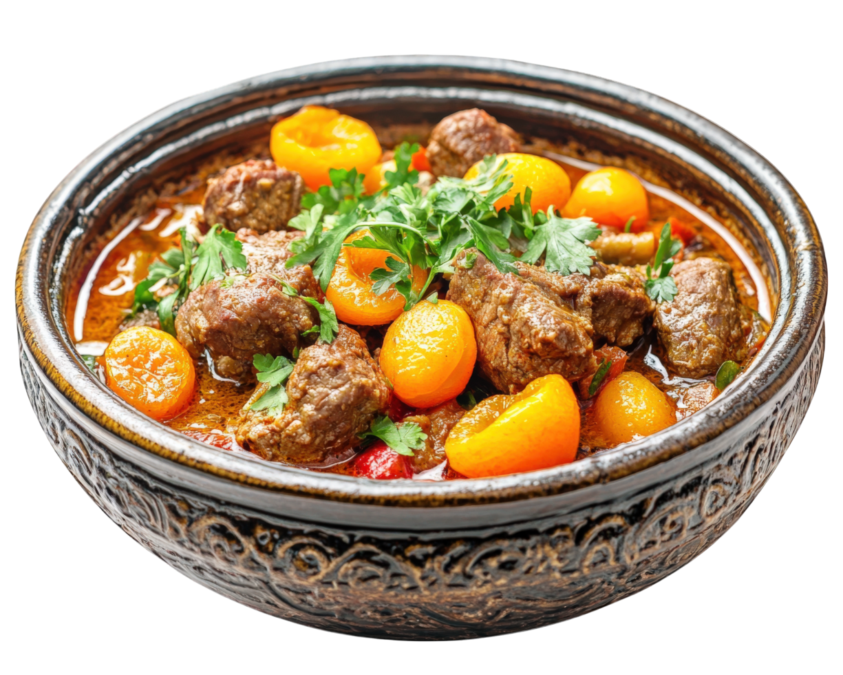 A bowl of stew with tomatoes and meat png