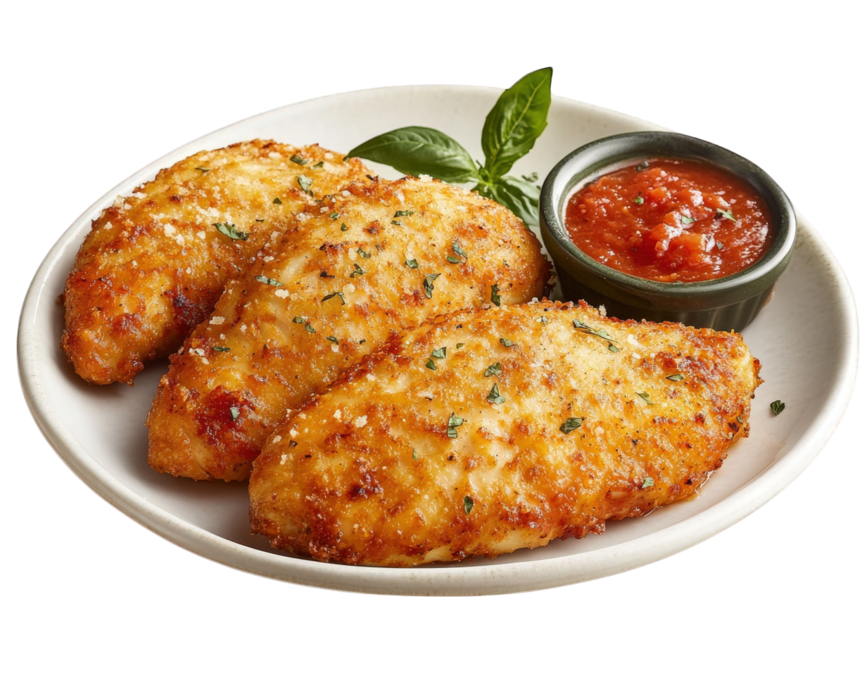 Three chicken breasts on a plate with sauce png