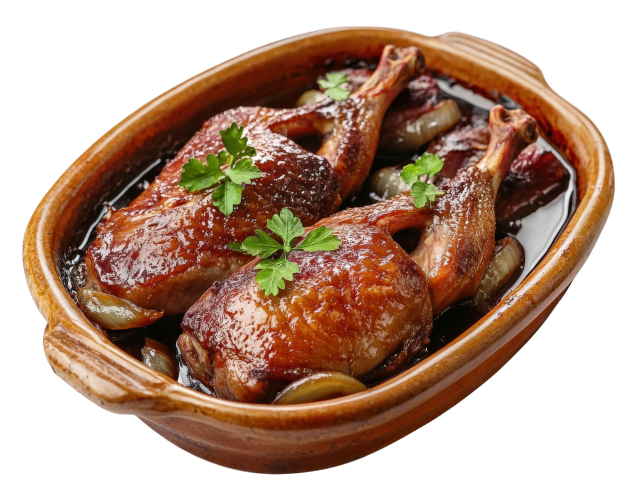 Two ducks in a pot with herbs on a black background png
