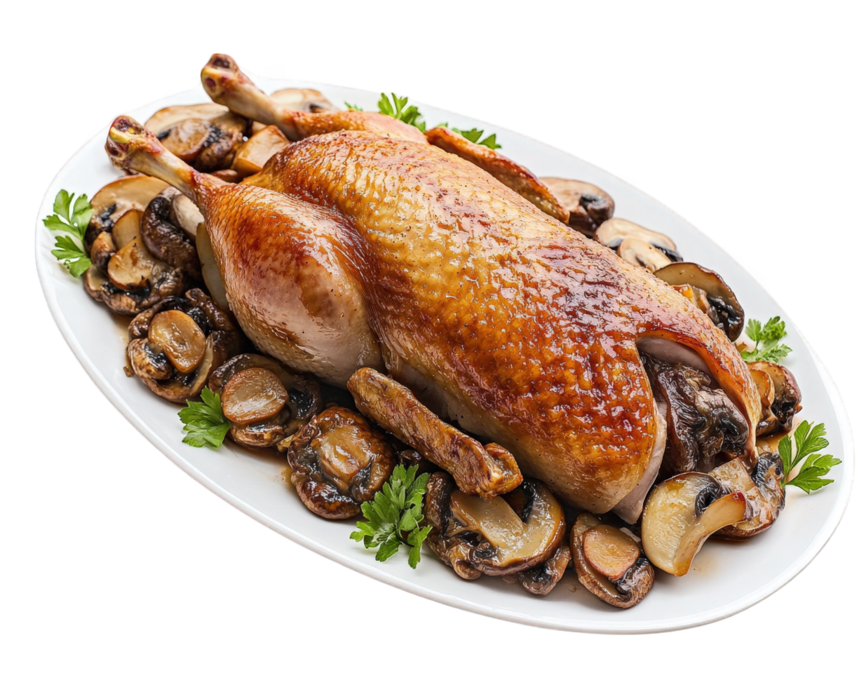 A large roasted chicken on a plate with mushrooms png
