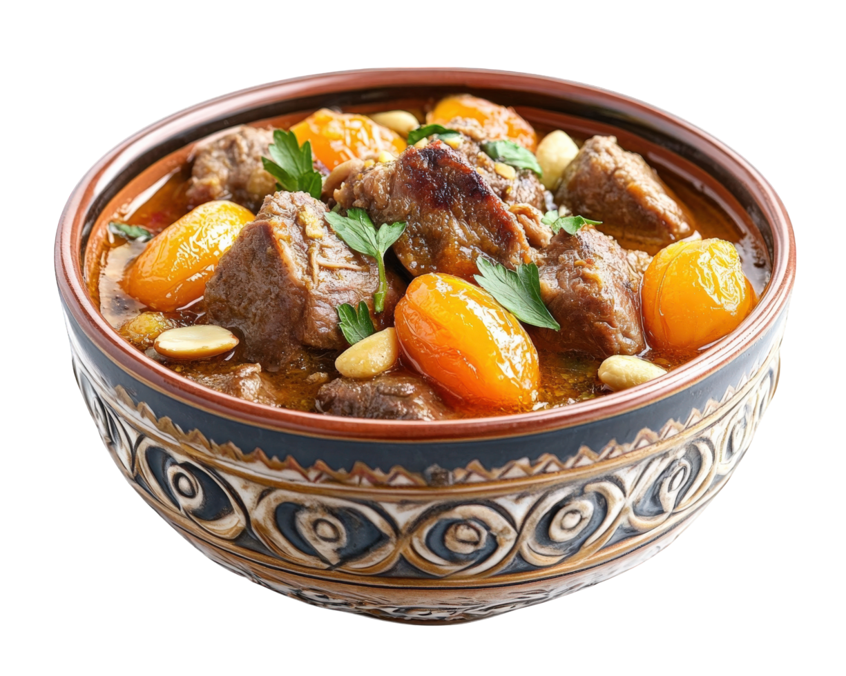 A bowl of stew with meat and tomatoes png