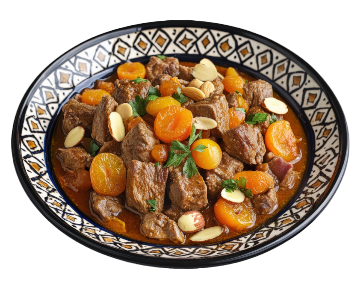 A bowl of beef and vegetables with almonds png