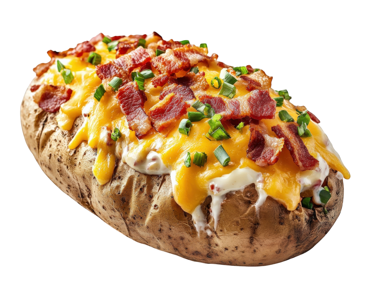 A baked potato with cheese and bacon on it png