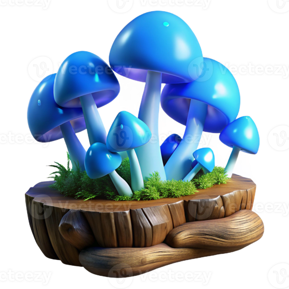 extraordinary vintage A cluster of iridescent blue mushrooms sprouting from a mossy log, dappled sunlight, fantasy art style high resolution png