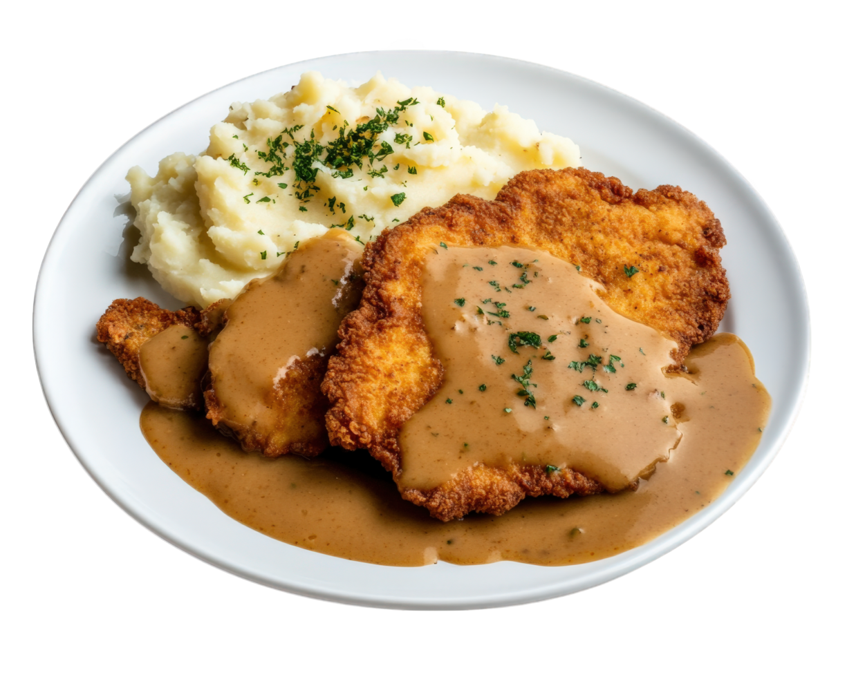 A plate of chicken cutlets with gravy and mashed potatoes png