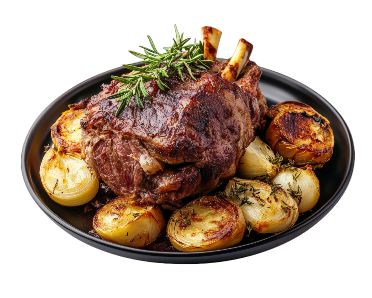 A plate of meat with potatoes and rosemary png