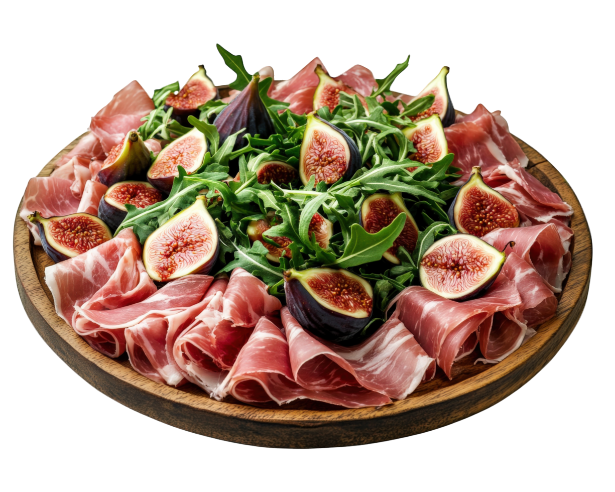 A plate of figs, prosciutto and arugula png