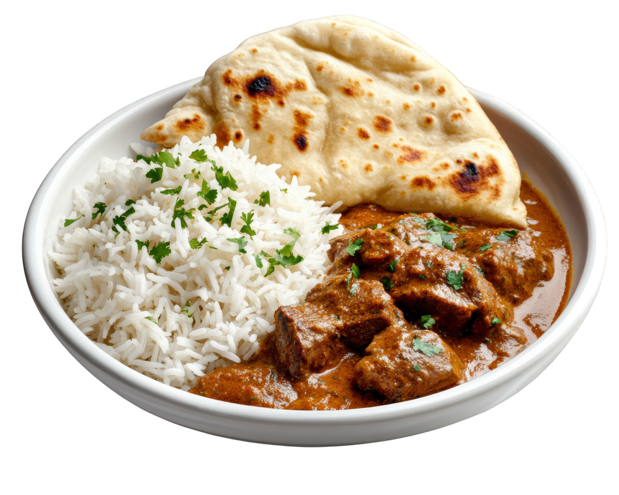 A bowl of curry with rice and bread png