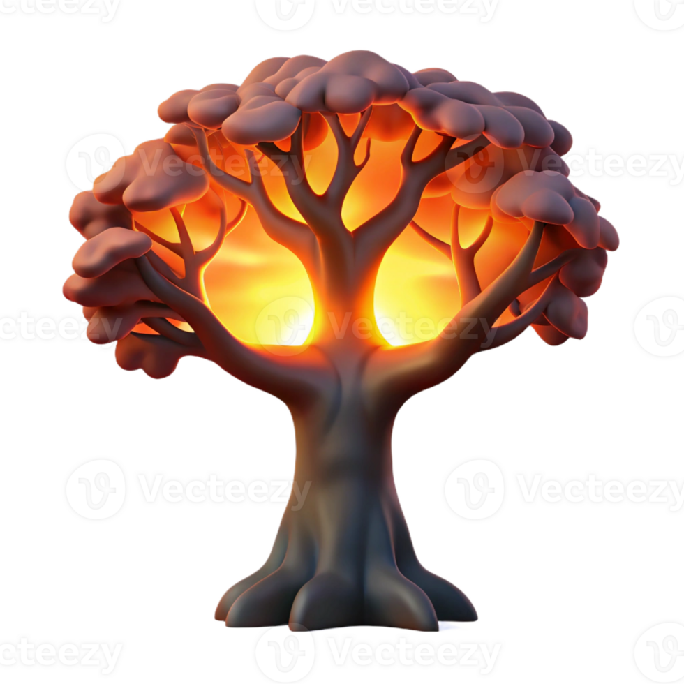beautiful contemporary A gnarled oak tree silhouetted against a fiery sunset, dramatic lighting, painterly style detailed png