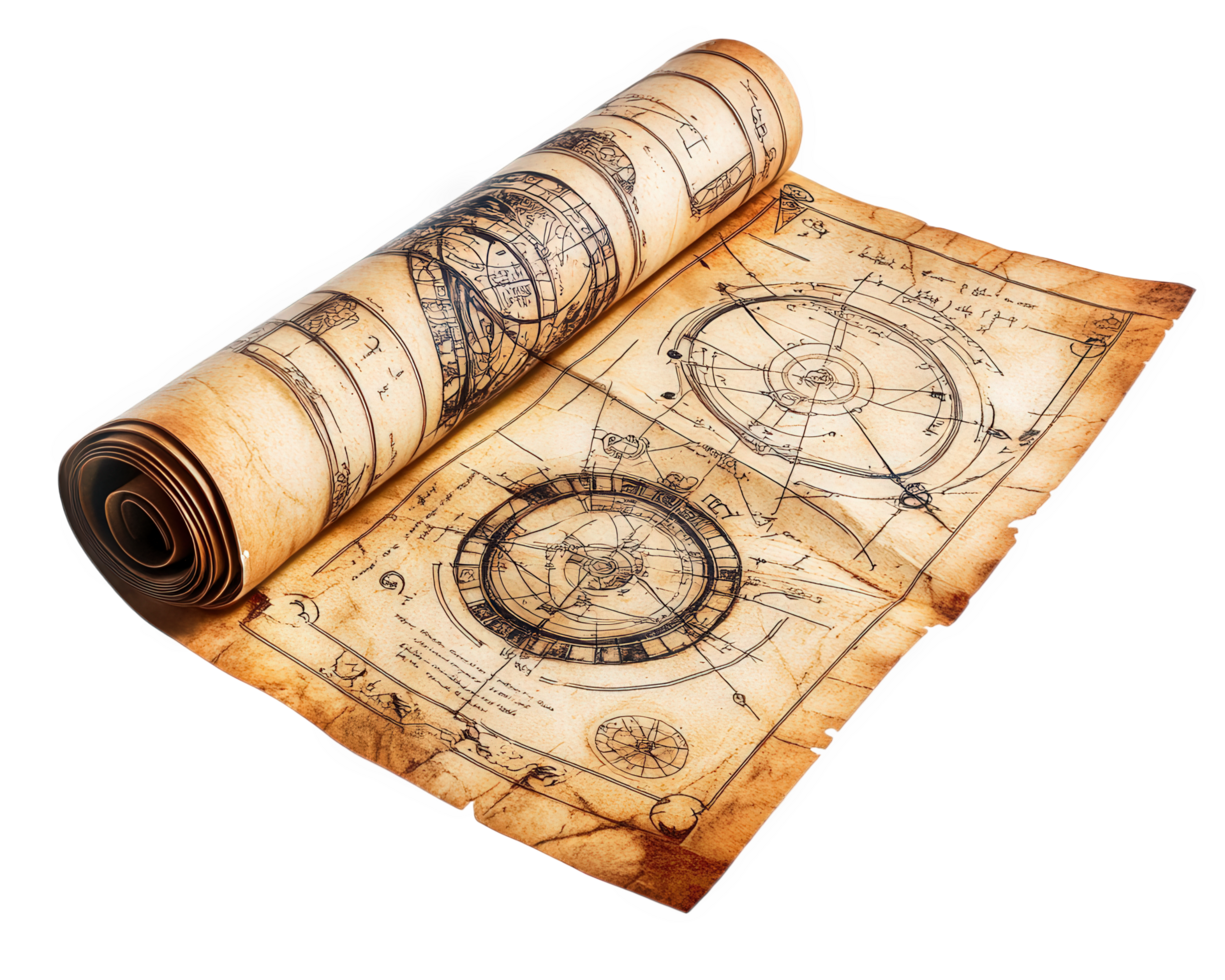 A rolled up piece of parchment with a compass and a map png