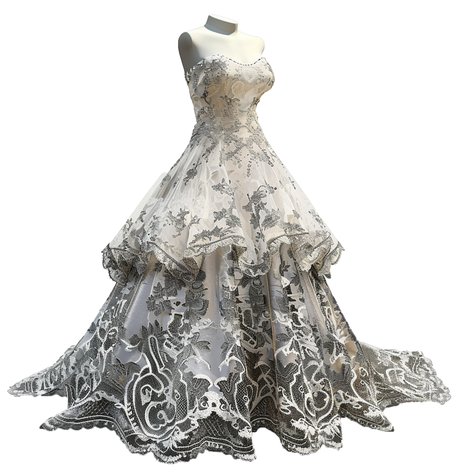 Elegant Double Layered ALine Wedding Gown with Exquisite Embroidered Lace Details png