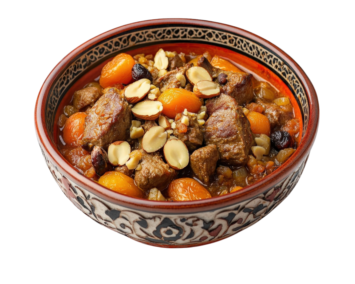 A bowl of meat and vegetables with nuts png