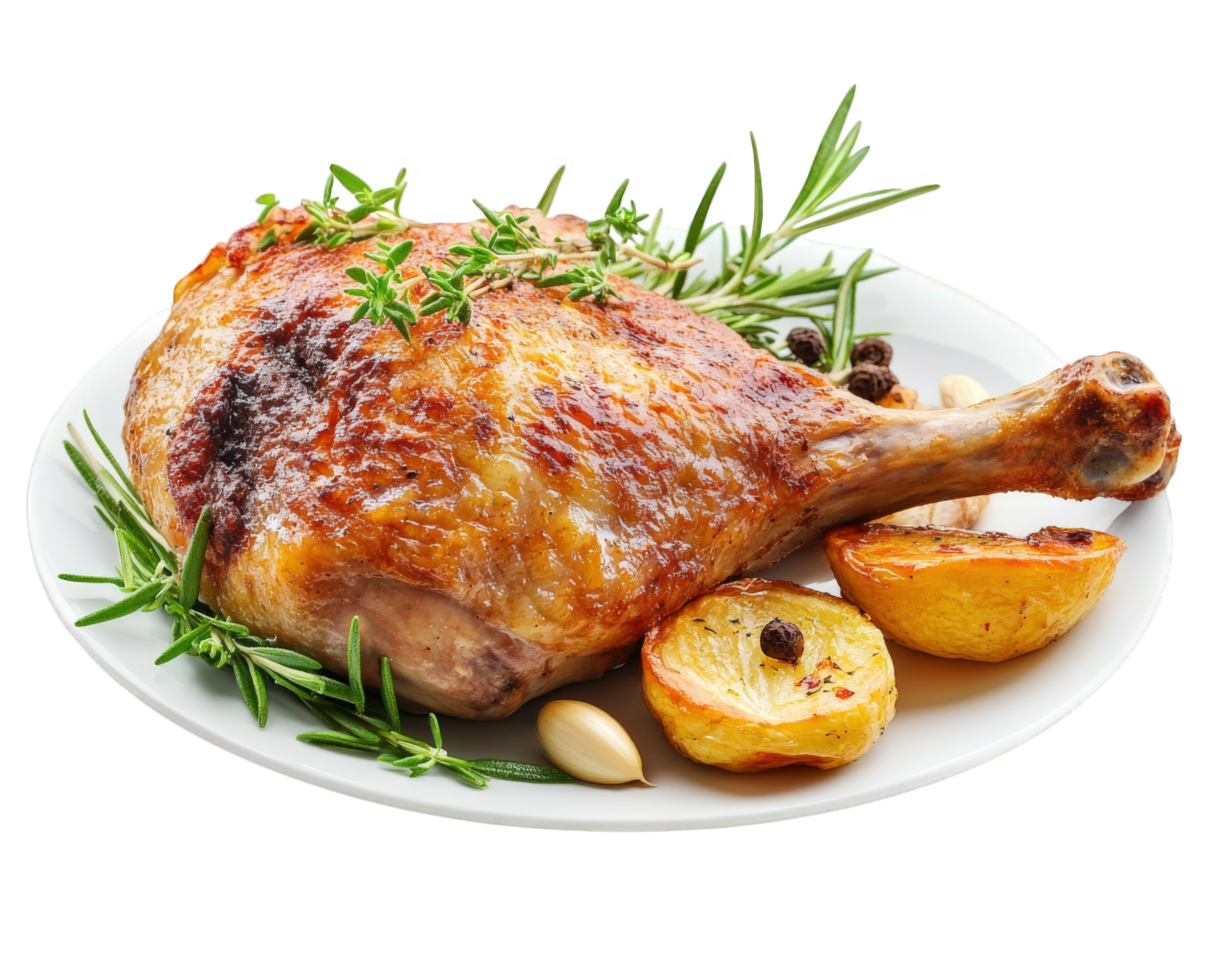 A roasted chicken with potatoes and rosemary on a plate png