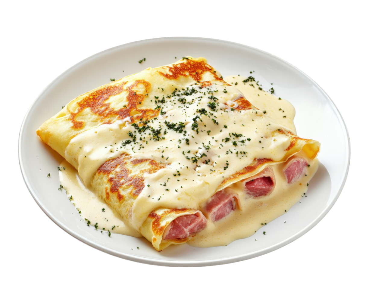 A plate topped with a crepe with ham and cheese png