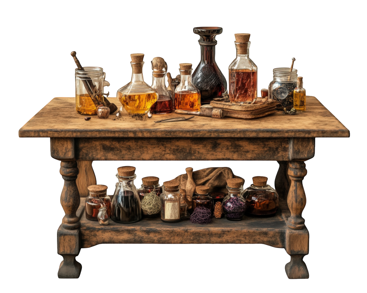 An old table with bottles and jars on it png
