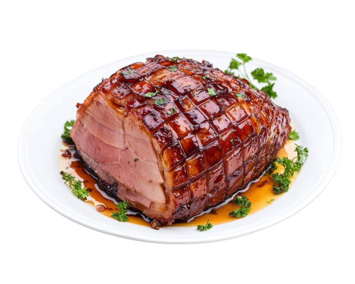 A large roast on a white plate with parsley png