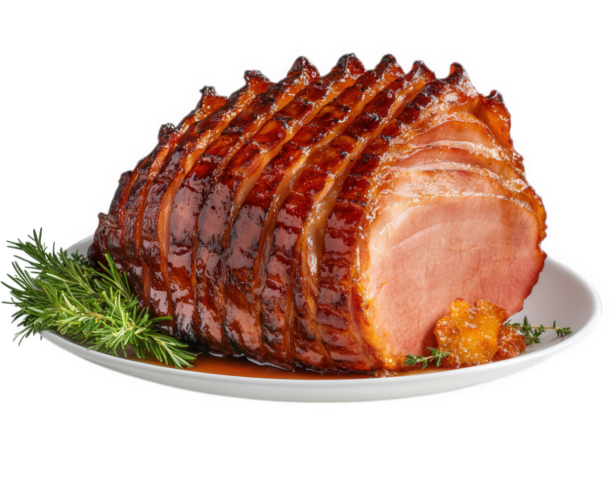 A ham is on a plate with a sprig of rosemary png
