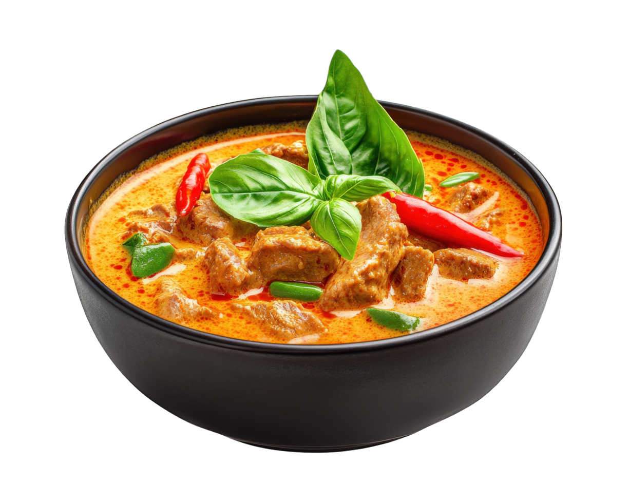 Thai curry with meat and vegetables in a bowl png