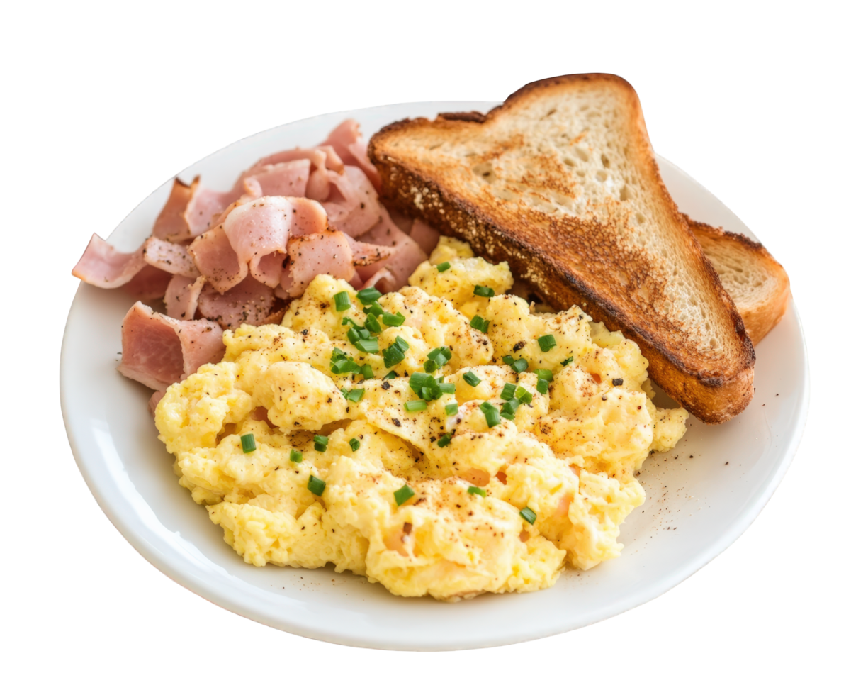 Scrambled eggs, ham and toast on a plate png