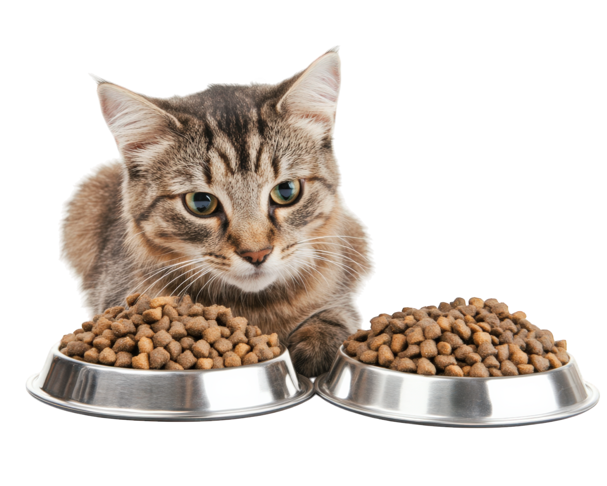 A cat is sitting next to two bowls of food png