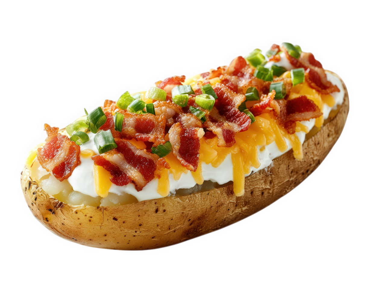 A potato with bacon, cheese and green onions png