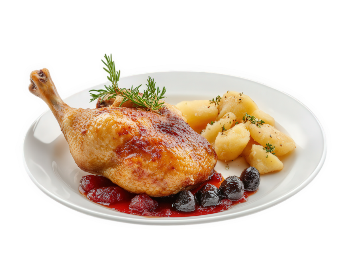 A white plate with a chicken, potatoes and berries png