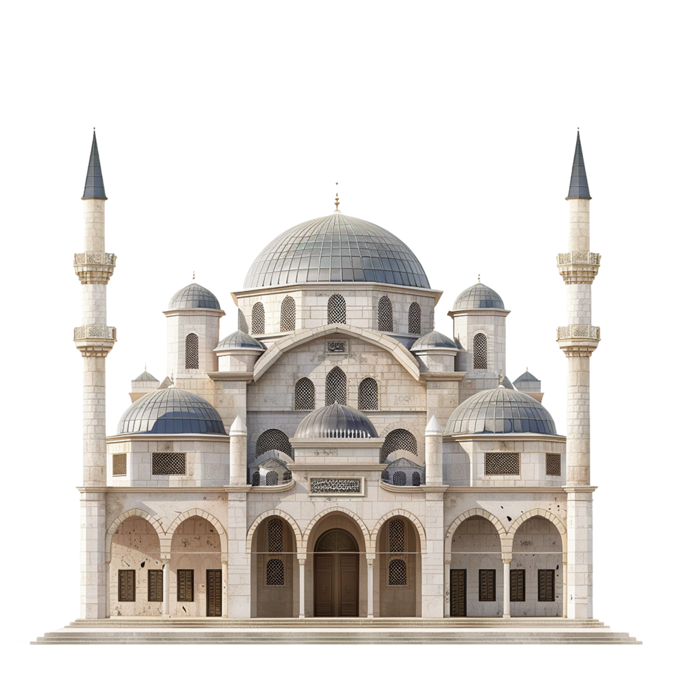 Magnificent Architectural Rendering of a Grand Mosque with Two Minarets and Multiple Domes png